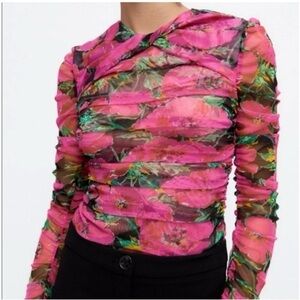 Zara Pink Floral Mesh Blouse